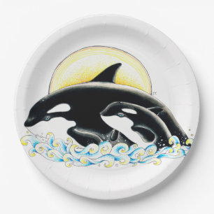 Cute Orca whale Family ink art Paper Plate