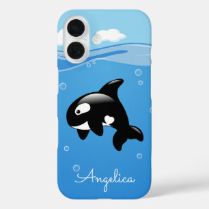 Cute Orca Whale in Ocean with Custom Name iPhone 16 Case