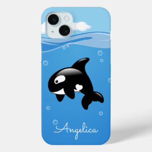 Cute Orca Whale in Ocean with Custom Name iPhone 15 Mini Case