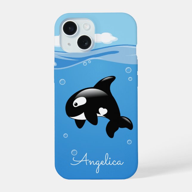 Cute Orca Whale in Ocean with Custom Name iPhone 15 Case (Back)