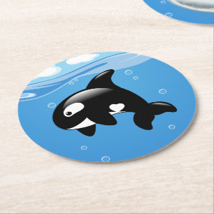 Cute Orca Whale on Blue Round Paper Coaster