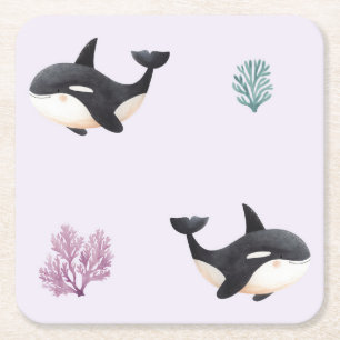 Cute Orca Whale Pattern Ocean Sea Life Nursery Square Paper Coaster