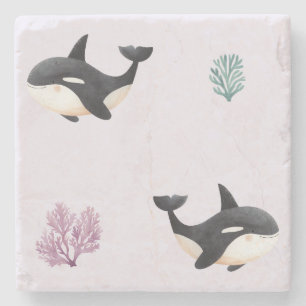 Cute Orca Whale Pattern Ocean Sea Life Nursery Stone Coaster