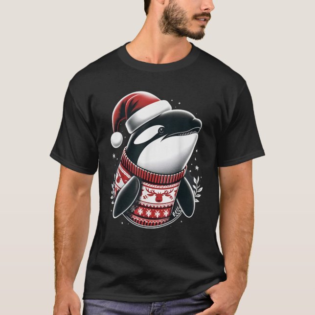 Cute Orca With Santa Hat Whale Christmas Xmas Vint T-Shirt (Front)