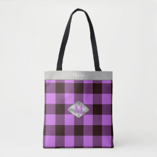 Cute Orchid Tartan Metallic Monogram Name Teacher  Tote Bag