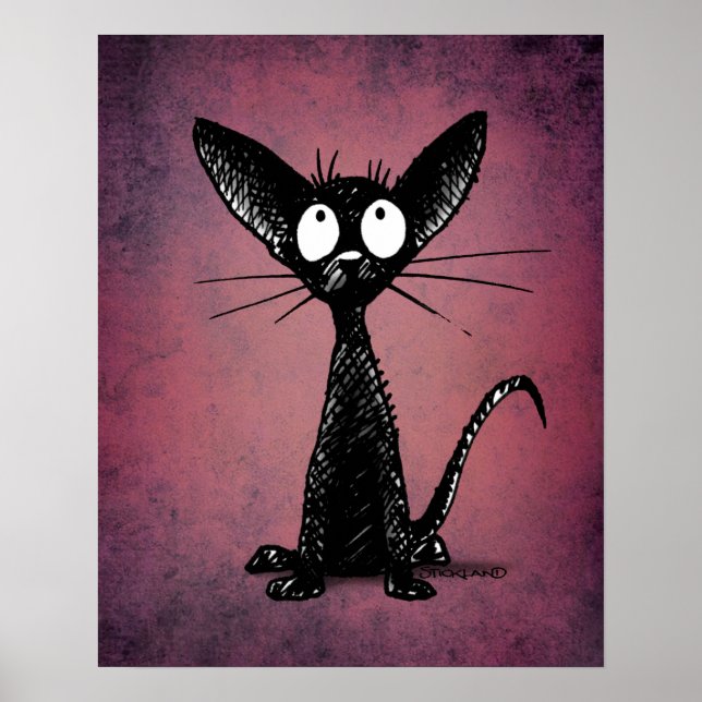 Cute Oriental Black Cat Art on Gothic Purple Poster (Front)