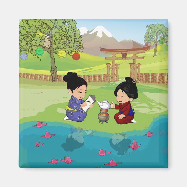 Cute Oriental inspired tea by the lake Magnet (Front)