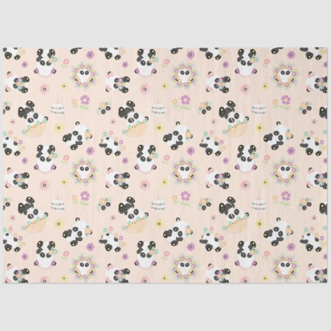 Cute Oriental Pandas Pattern on Beige Tissue Paper (Front)