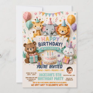 Cute Origami Animal Birthday Invitation