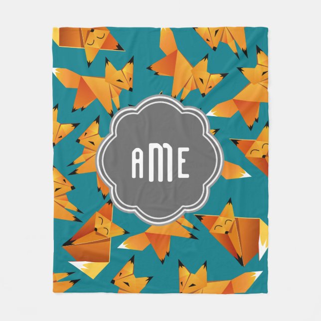 Cute Origami Foxes Monogrammed Fleece Blanket (Front)