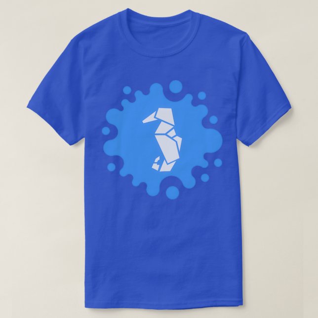 Cute Origami Seahorse on a Blue Splash T-Shirt (Design Front)