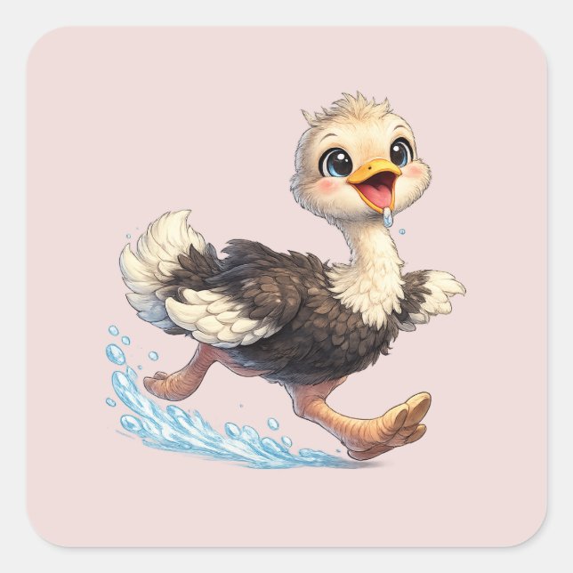 Cute Ostrich Happy Adventure Illustration Square Sticker (Front)