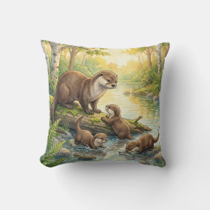 Cute Otter And Babies River and Lake Animals Cushion