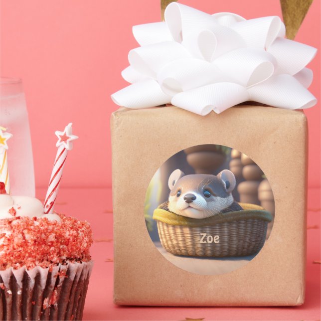 Cute otter baby in a basket - custom kids  classic round sticker (Party)