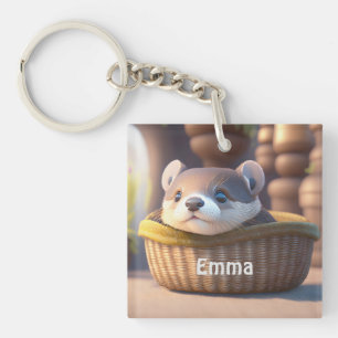 Cute otter baby in a basket - personalizable key ring