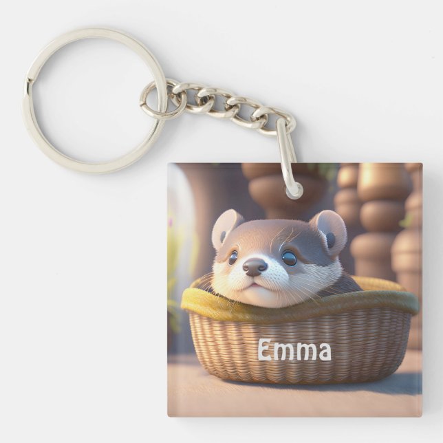 Cute otter baby in a basket - personalizable key ring (Front)