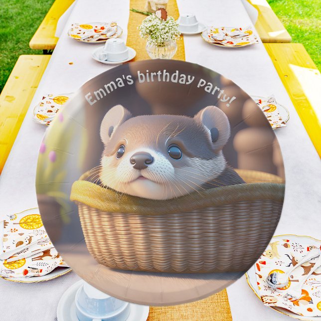 Cute otter baby in a basket - personalizable paper plate (Creator Uploaded)