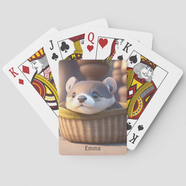 Cute otter baby in a basket - personalizable playing cards (Back)