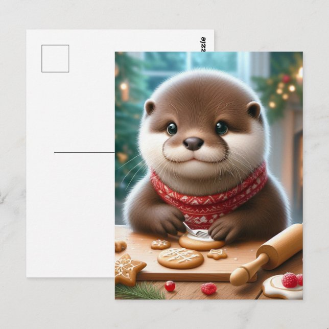 Cute Otter Baking Christmas Cookies Postcard (Front/Back)