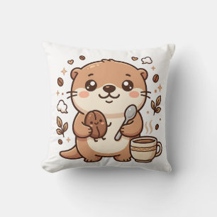 Cute Otter Bean & Spoon Kawaii Coffee Decorative P Cushion