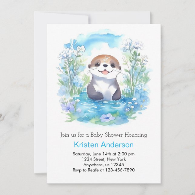 Cute Otter Blue Floral Boy Baby Shower Invitation (Front)