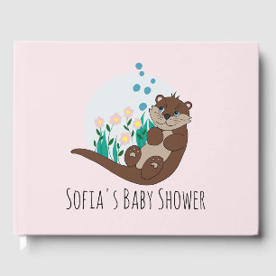 Cute Otter Cartoon Flowers and Name Baby Shower Guest Book