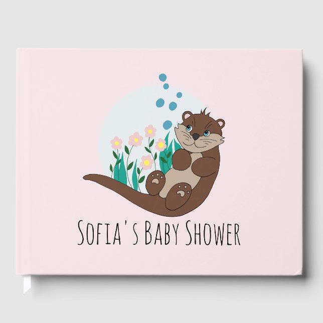 Cute Otter Cartoon Flowers and Name Baby Shower Guest Book (Front)