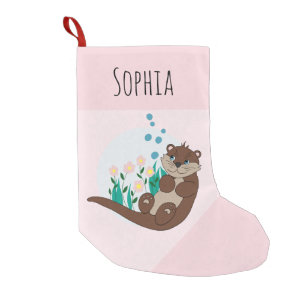 Cute Otter Cartoon Flowers and Name Kids Small Christmas Stocking
