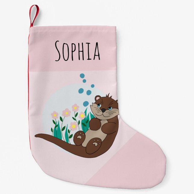 Cute Otter Cartoon Flowers and Name Kids Small Christmas Stocking (Front)
