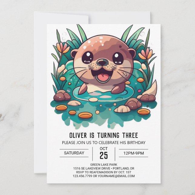 Cute Otter Children Watercolor Birthday Invitation (Front)