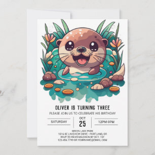 Cute Otter Children Watercolor Birthday Invitation