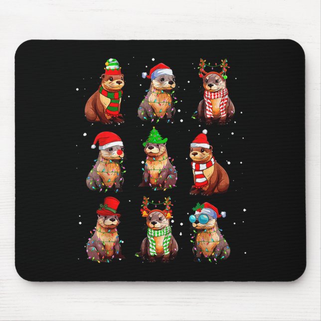 Cute Otter Christmas Pajama Funny Xmas Lights Anim Mouse Mat (Front)