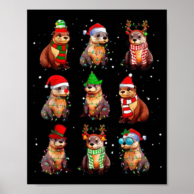Cute Otter Christmas Pajama Funny Xmas Lights Anim Poster (Front)