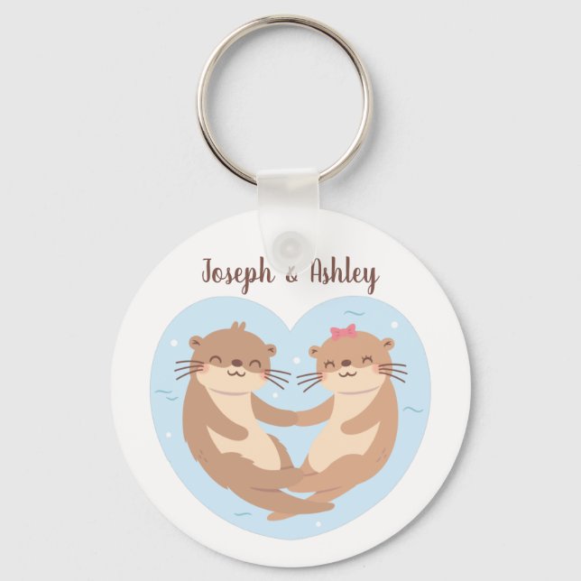 Cute Otter Couple Holding Hands Personalised Key Ring (Front)