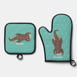 Cute otter diving cartoon illustration oven mitt & pot holder set