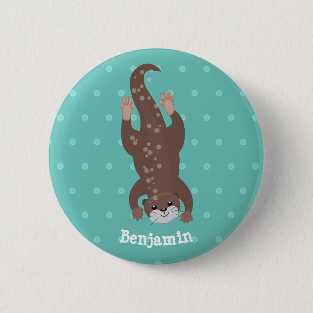 Cute otter diving on teal cartoon illustration 6 cm round badge (Front)