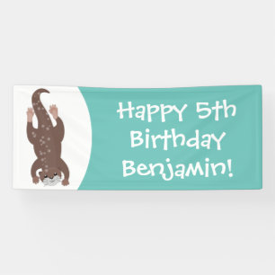 Cute otter diving on teal cartoon illustration banner