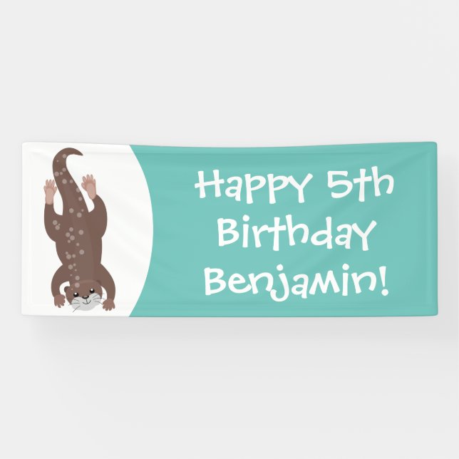 Cute otter diving on teal cartoon illustration banner (Horizontal)