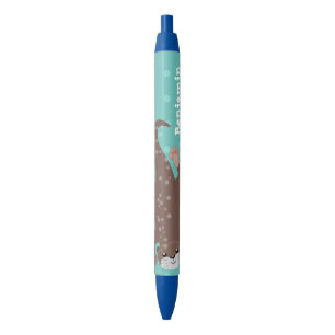 Cute otter diving on teal cartoon illustration black ink pen