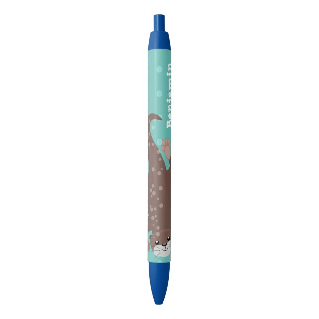 Cute otter diving on teal cartoon illustration black ink pen (Front Vertical)