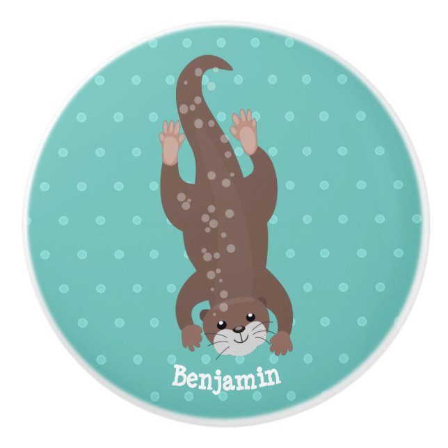 Cute otter diving on teal cartoon illustration ceramic knob (Front)