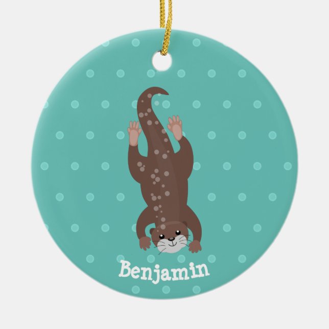 Cute otter diving on teal cartoon illustration ceramic tree decoration (Front)