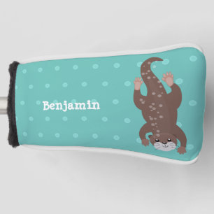 Cute otter diving on teal cartoon illustration golf head cover
