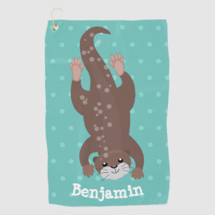 Cute otter diving on teal cartoon illustration  golf towel