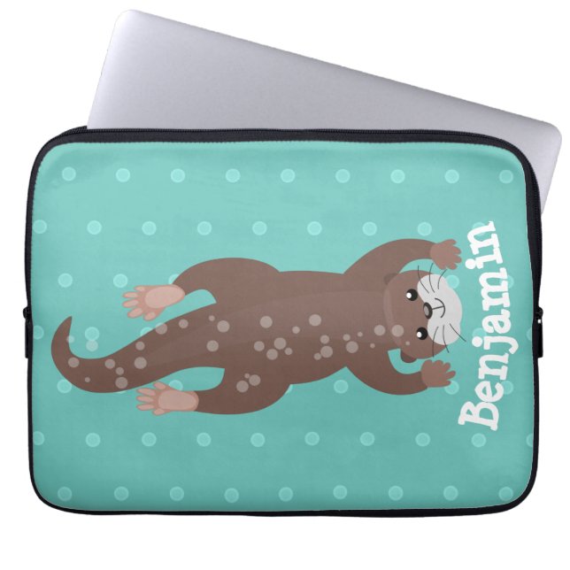 Cute otter diving on teal cartoon illustration laptop sleeve (Front)