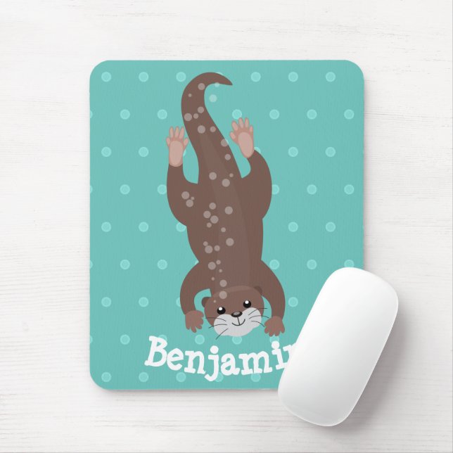 Cute otter diving on teal cartoon illustration mouse mat (With Mouse)