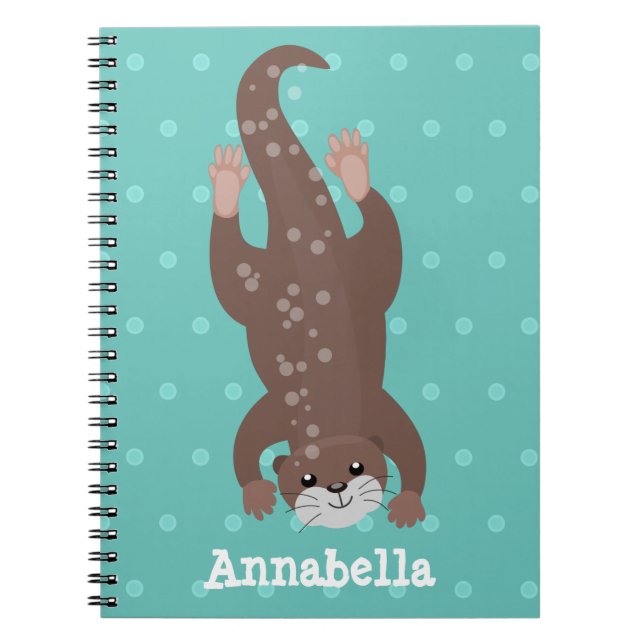 Cute otter diving on teal cartoon illustration notebook (Front)