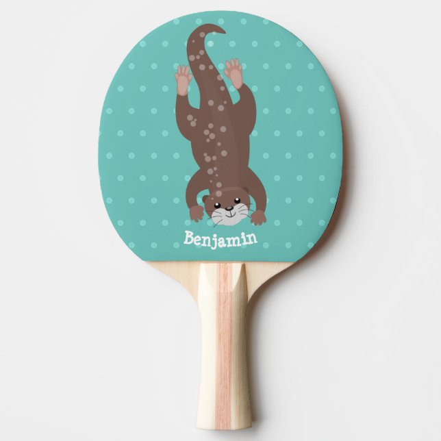 Cute otter diving on teal cartoon illustration ping pong paddle (Front)