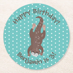 Cute otter diving on teal cartoon illustration round paper coaster