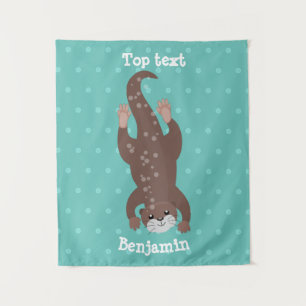 Cute otter diving on teal cartoon illustration tapestry
